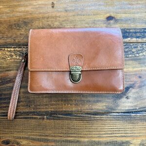 Patricia Nash Tan  Leather Zip Fold Over Wristlet Purse Clutch Wallet  9x6.5"